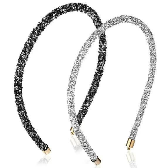 2Pcs Rhinestone Headband Sparkly Crystal For Women Girls Glitter Diamond Bling Hair Styling Accessories Wedding Birthday Party (Black And White) Headb