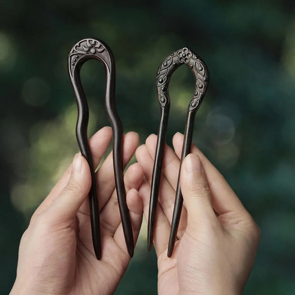 Carved Hair Forks Buns Women Two Prong Stick Long U Shape Wood Pin Handmade Accessories(2Pack) Hair Accessories