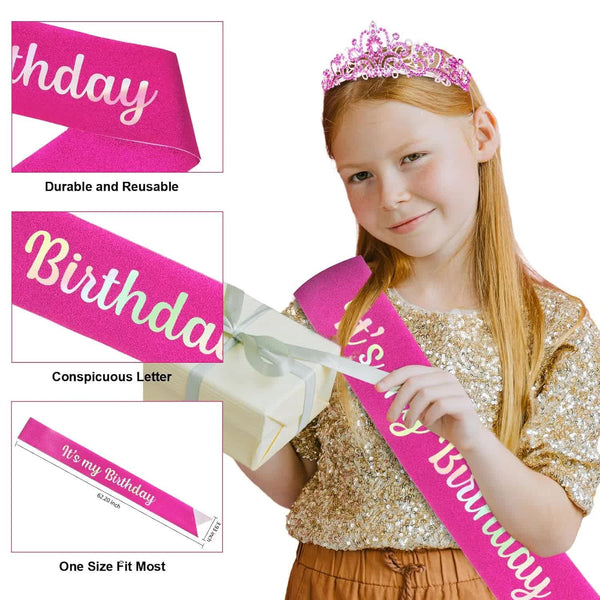 Hot Pink Birthday Headband & Crown Happy Princess Tiara For Women Girls Party Decorations