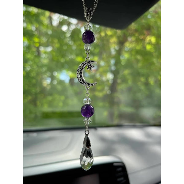 Moon And Star Rear View Mirror Accessoriescrystal Amethyst Stone Bead Car Decor Boho Witchy Suncatcher Healing Charm Hanging Ornaments For Women Men O