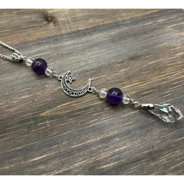 Moon And Star Rear View Mirror Accessoriescrystal Amethyst Stone Bead Car Decor Boho Witchy Suncatcher Healing Charm Hanging Ornaments For Women Men O