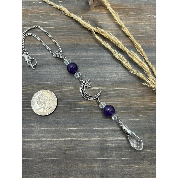 Moon And Star Rear View Mirror Accessoriescrystal Amethyst Stone Bead Car Decor Boho Witchy Suncatcher Healing Charm Hanging Ornaments For Women Men O