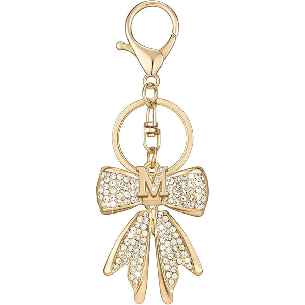 Sparkly Cute Initial Letter Rhinestone Bow Keychain For Women Gold Tone Bag Charms Coquette Aesthetic Purse Keyrings