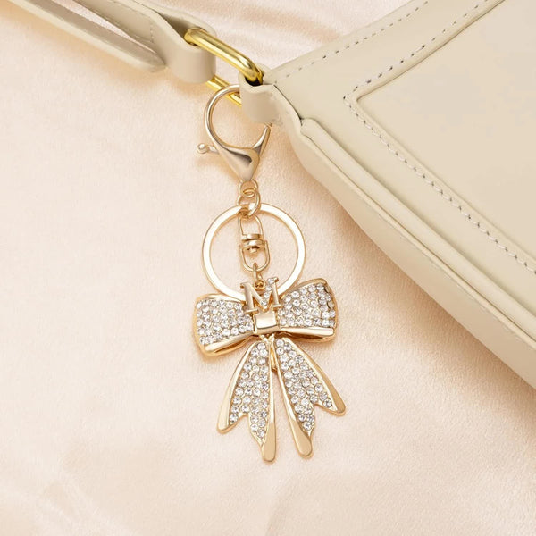 Sparkly Cute Initial Letter Rhinestone Bow Keychain For Women Gold Tone Bag Charms Coquette Aesthetic Purse Keyrings