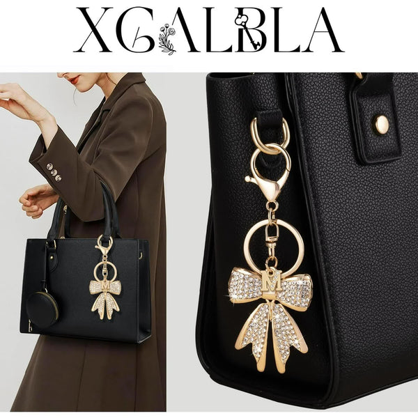 Sparkly Cute Initial Letter Rhinestone Bow Keychain For Women Gold Tone Bag Charms Coquette Aesthetic Purse Keyrings