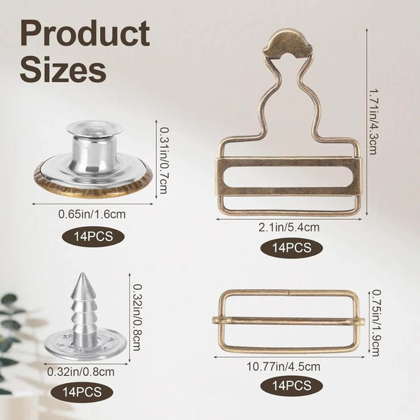 14 Sets Metal Overall Buckles 1/2" Dungaree Replacement Clasp Clips With Adjustable Slide Buttons For Suspender Jeans Bib Pants Diy Sewing Accessories