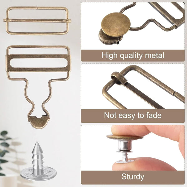 14 Sets Metal Overall Buckles 1/2" Dungaree Replacement Clasp Clips With Adjustable Slide Buttons For Suspender Jeans Bib Pants Diy Sewing Accessories