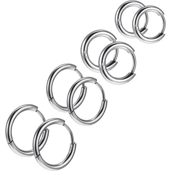 4 Pairs Stainless Steel Huggie Hoop Silver Small For Women Men Mini 8Mm 10Mm 12Mm 14Mm Cartilage Helix Lobes Hinged Sleeper Multiple Piercings Earring