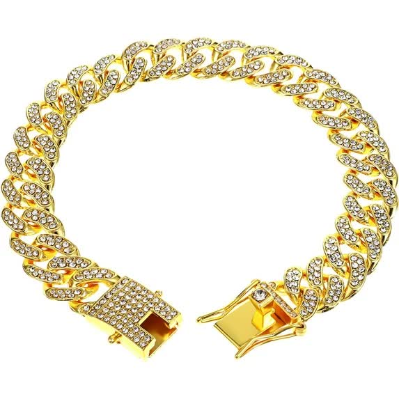 Chain Collar For Dog Diamond Cuban Link 13Mm Wide Pet Style Metal Cat Crystal Jewelry Accessories Small Medium Large Dogs Cats (10 Inch Gold) Dog Coll