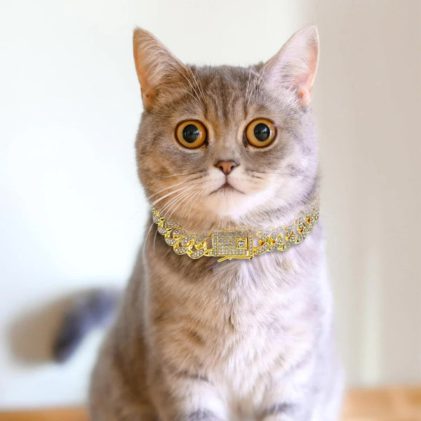 Chain Collar For Dog Diamond Cuban Link 13Mm Wide Pet Style Metal Cat Crystal Jewelry Accessories Small Medium Large Dogs Cats (10 Inch Gold) Dog Coll