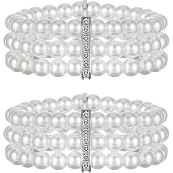 Pearl Cuff Bracelet 2Pcs 1920S Imitation Multi Layered Elastic Bangle 3 Rows Faux Pearls Accent Off White Stretch Wrist Vintage For Women Bridal Weddi