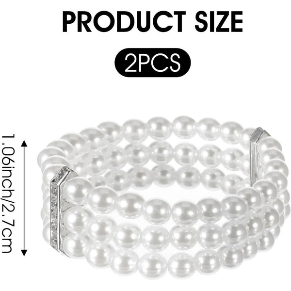 Pearl Cuff Bracelet 2Pcs 1920S Imitation Multi Layered Elastic Bangle 3 Rows Faux Pearls Accent Off White Stretch Wrist Vintage For Women Bridal Weddi
