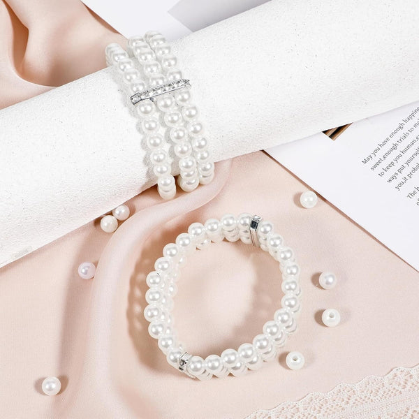 Pearl Cuff Bracelet 2Pcs 1920S Imitation Multi Layered Elastic Bangle 3 Rows Faux Pearls Accent Off White Stretch Wrist Vintage For Women Bridal Weddi