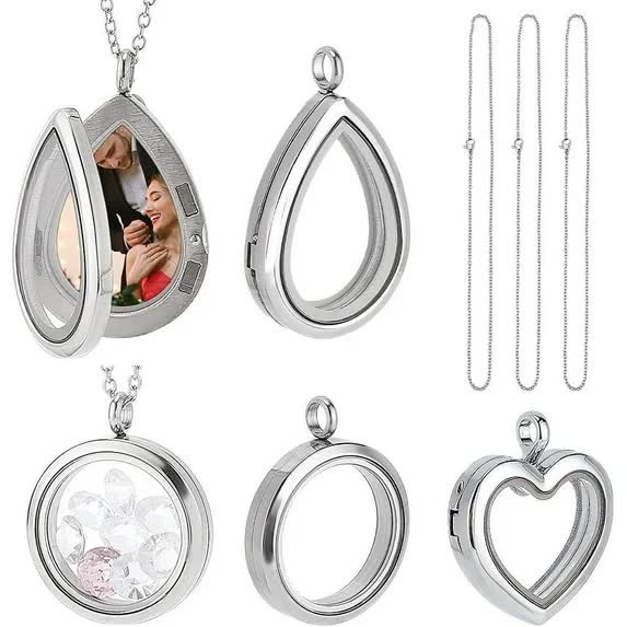 3 Styles Locket Pendant Necklace 304 Stainless Steel Memory Floating Charms Round Teardrop Heart Buckle Closure For Women Friendship Nostalgic Necklac