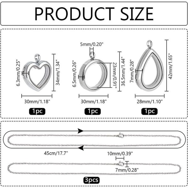 3 Styles Locket Pendant Necklace 304 Stainless Steel Memory Floating Charms Round Teardrop Heart Buckle Closure For Women Friendship Nostalgic Necklac