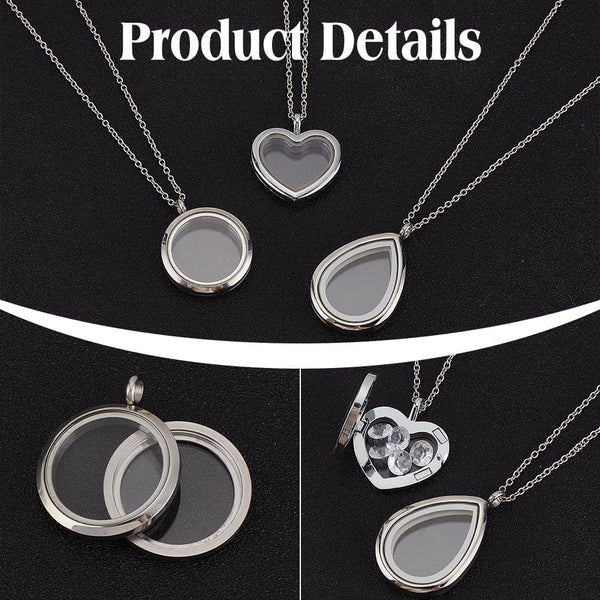3 Styles Locket Pendant Necklace 304 Stainless Steel Memory Floating Charms Round Teardrop Heart Buckle Closure For Women Friendship Nostalgic Necklac