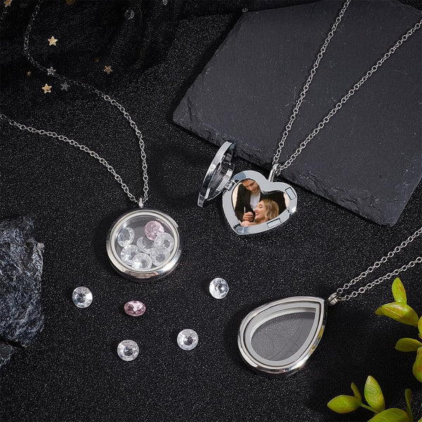 3 Styles Locket Pendant Necklace 304 Stainless Steel Memory Floating Charms Round Teardrop Heart Buckle Closure For Women Friendship Nostalgic Necklac