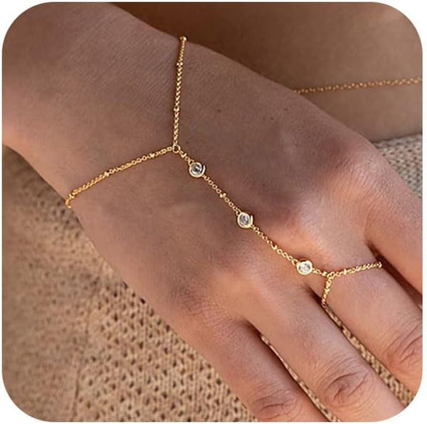 Hand Chain Bracelet 14K Plated Gold Stack Finger Ring For Women Adjustable Rhinestone Bracelets