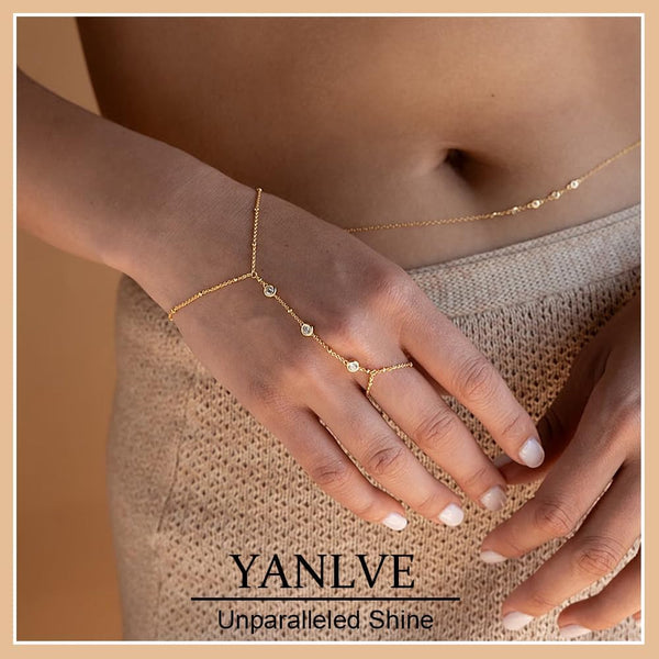 Hand Chain Bracelet 14K Plated Gold Stack Finger Ring For Women Adjustable Rhinestone Bracelets