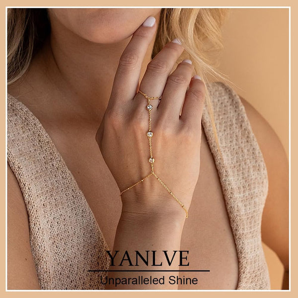 Hand Chain Bracelet 14K Plated Gold Stack Finger Ring For Women Adjustable Rhinestone Bracelets