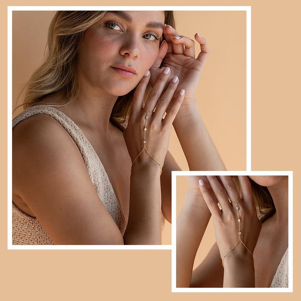 Hand Chain Bracelet 14K Plated Gold Stack Finger Ring For Women Adjustable Rhinestone Bracelets