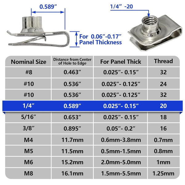 1/4" 20 U Style Clip On Nut U Type Stainless Steel 18 8 (304) Regular Extruded U Nut Pack Of Screws & Bolts