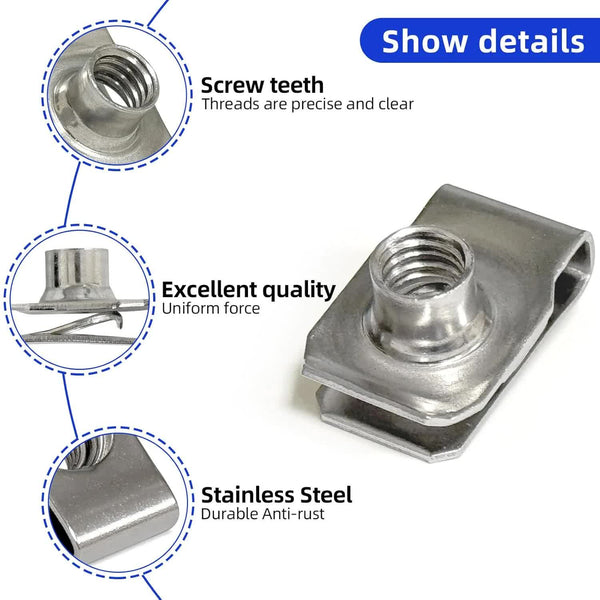 1/4" 20 U Style Clip On Nut U Type Stainless Steel 18 8 (304) Regular Extruded U Nut Pack Of Screws & Bolts