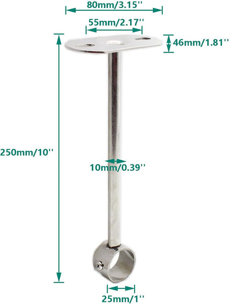 2 Pack Ceiling Mount Bracket Stainless Steel Wardrobe Pipe Rod Holder Shower Curtain Closet Lever Support Flange Socket (25X250mm/1X10'') Braces & Bra
