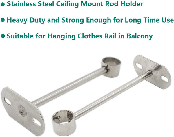 2 Pack Ceiling Mount Bracket Stainless Steel Wardrobe Pipe Rod Holder Shower Curtain Closet Lever Support Flange Socket (25X250mm/1X10'') Braces & Bra