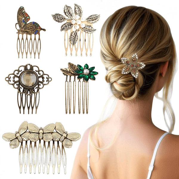 6 Pack Gold Hair Combs For Women Butterfly Flower Pearl Rhinestone Brushes & Combs