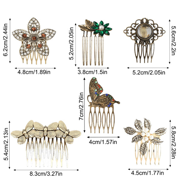 6 Pack Gold Hair Combs For Women Butterfly Flower Pearl Rhinestone Brushes & Combs