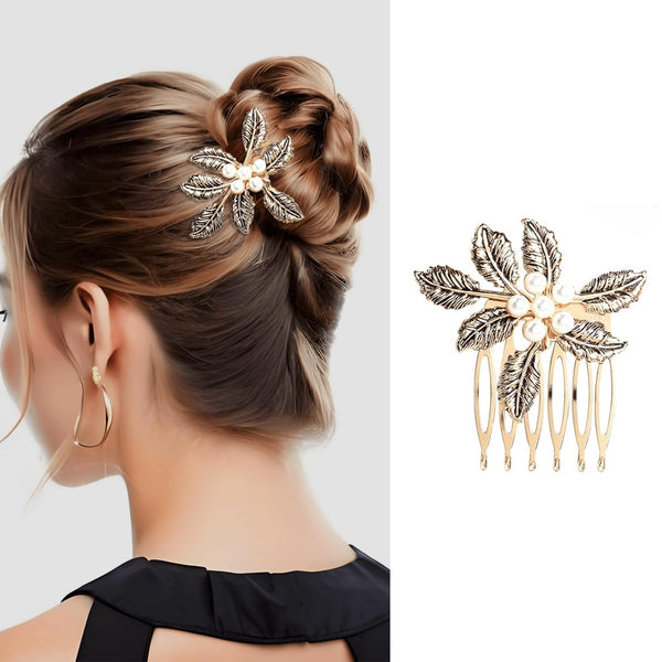 6 Pack Gold Hair Combs For Women Butterfly Flower Pearl Rhinestone Brushes & Combs