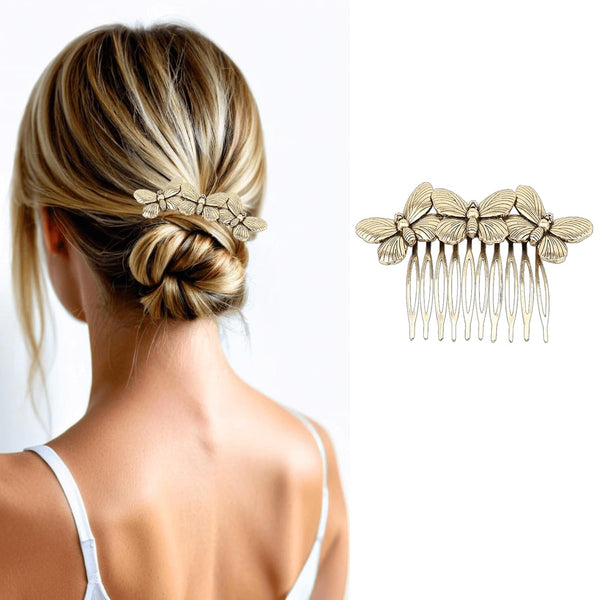 6 Pack Gold Hair Combs For Women Butterfly Flower Pearl Rhinestone Brushes & Combs