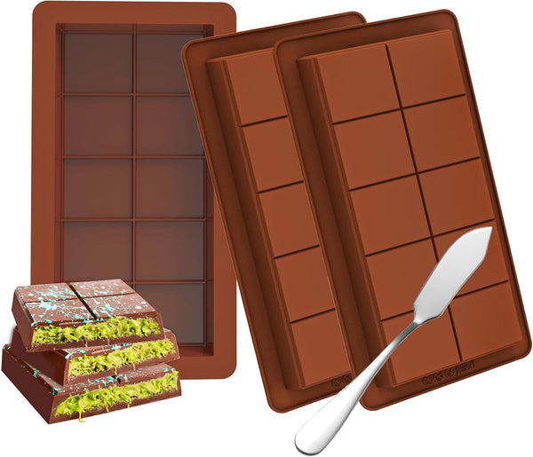 3 Pack Deep Silicone Chocolate Bar Molds With Spatula Non Stick Brown Sugarcraft & Chocolate Moulds