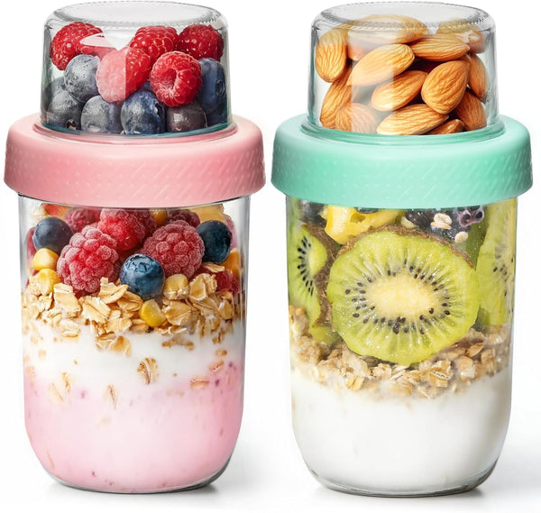 2 Pack 16 Oz Overnight Oats Containers With Lids Dual Laryer Chia Pudding Jars Dry And Wet Separation Yogurt Parfait Cups For Oatmeal Cereal Nut Fruit