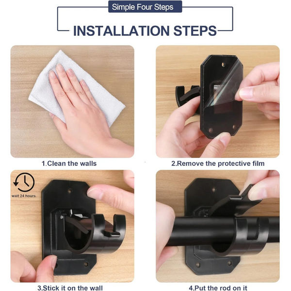 8Pcs No Drill Curtain Rod Brackets Adjustable Self Adhesive Black Holders Curtain Poles & Accessories
