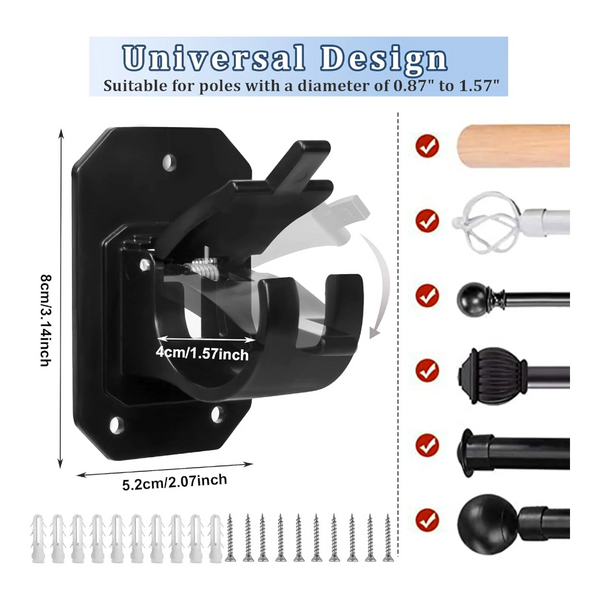 8Pcs No Drill Curtain Rod Brackets Adjustable Self Adhesive Black Holders Curtain Poles & Accessories