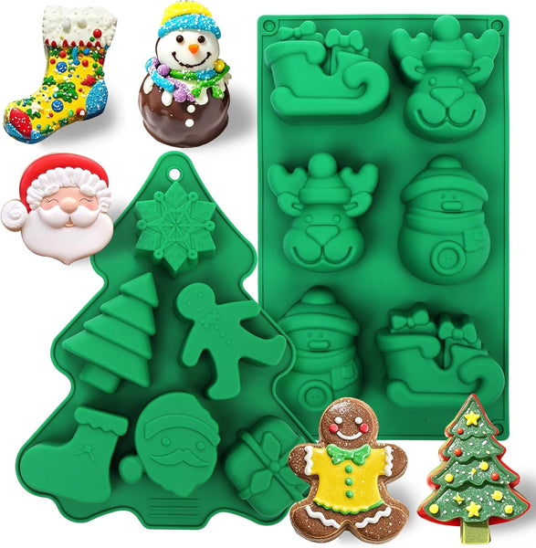 Christmas Silicone Molds 12 Cavities Chocolate Deep 3D Trees Stockings Gingerbread Man For Baking Candy Cake Jelly Cookie Green Sugarcraft & Chocolate