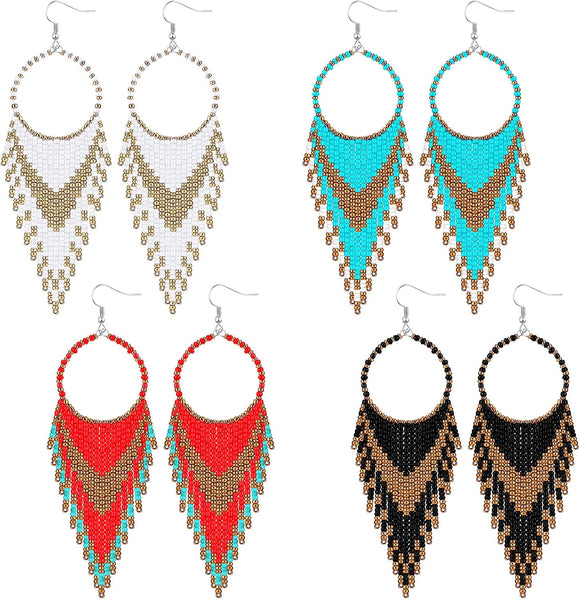 4 Pcs Long Beaded Tassel Bohemia Colorful Native Handmade Statement Fringe Drop Boho Dangle For Women(Elegant Color) Earrings
