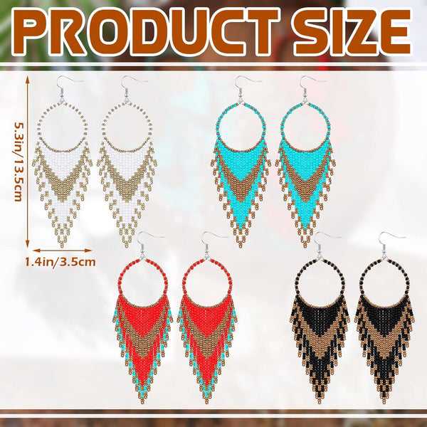 4 Pcs Long Beaded Tassel Bohemia Colorful Native Handmade Statement Fringe Drop Boho Dangle For Women(Elegant Color) Earrings