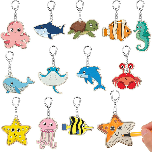 36 Pcs Sea Life Unfinished Wooden Keychains For Diy Painting Crafts Keyrings