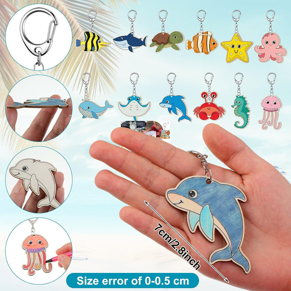 36 Pcs Sea Life Unfinished Wooden Keychains For Diy Painting Crafts Keyrings