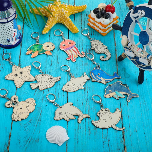 36 Pcs Sea Life Unfinished Wooden Keychains For Diy Painting Crafts Keyrings