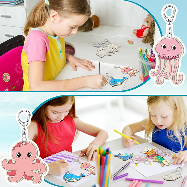36 Pcs Sea Life Unfinished Wooden Keychains For Diy Painting Crafts Keyrings