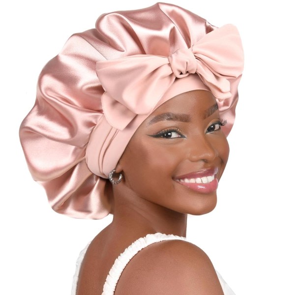 Satin Hat Silk For Sleep Double Layer Lined Hair Cap With Tie Caps Women Naturally Curly Pink Hair Accessories