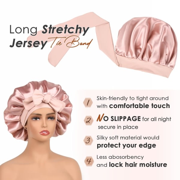 Satin Hat Silk For Sleep Double Layer Lined Hair Cap With Tie Caps Women Naturally Curly Pink Hair Accessories