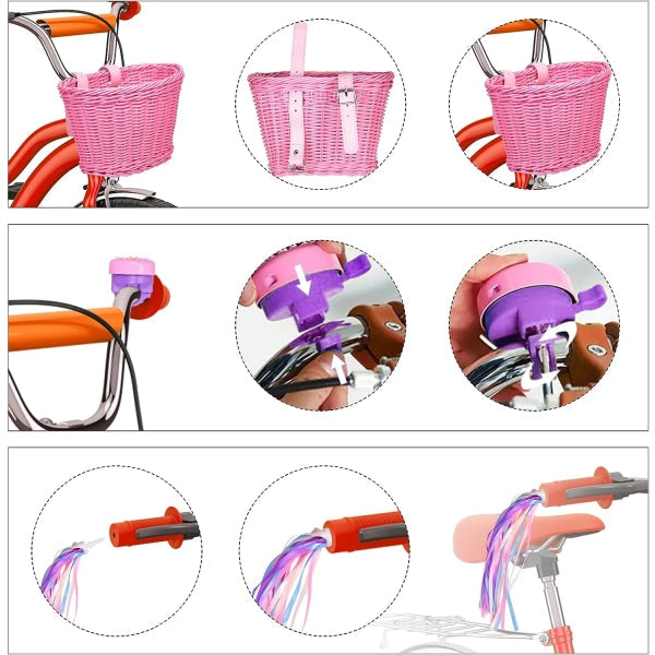 Pink Purple Children's Bicycle Basket With Adjustable Straps At The Front Bicycle Baskets