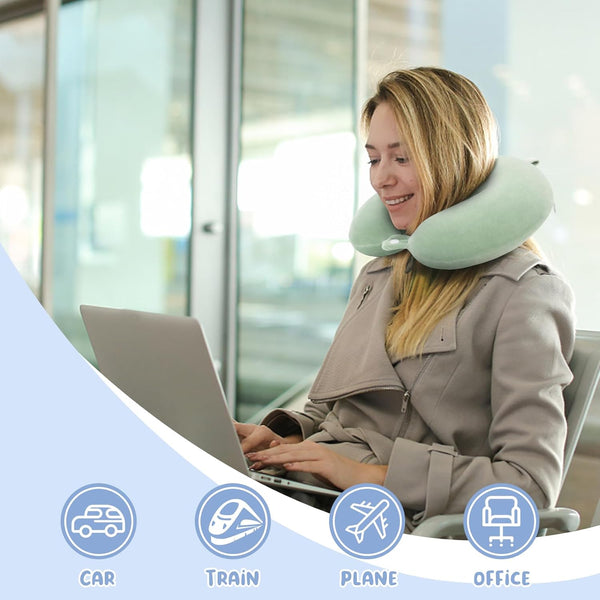 Travel Pillow Neck Support Memory Foam Headrest Airplane Train Car Office Gray Green Pillows