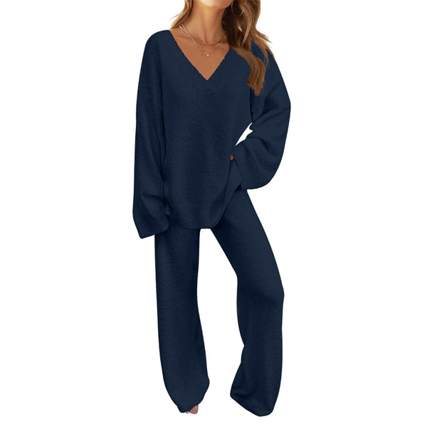 Fuzzy Wool Pajama Set Women's 2 Piece Long Sleeve Loungewear Black Sleepwear & Robes