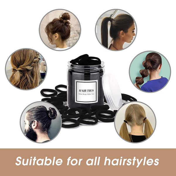Black Hair Ties 50 Pcs Seamless Cotton Ponytail Holders Elastic Bands For Thick Heavy Curly Men Dark Women Headbands